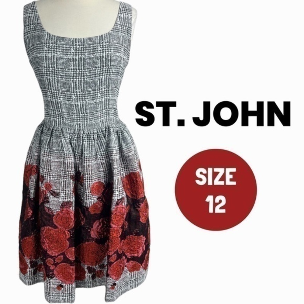 ST. JOHN Tweed Fit n Flare Dress. NWOT. Quiet Luxury Tweed w a pop of Red! Sz 12